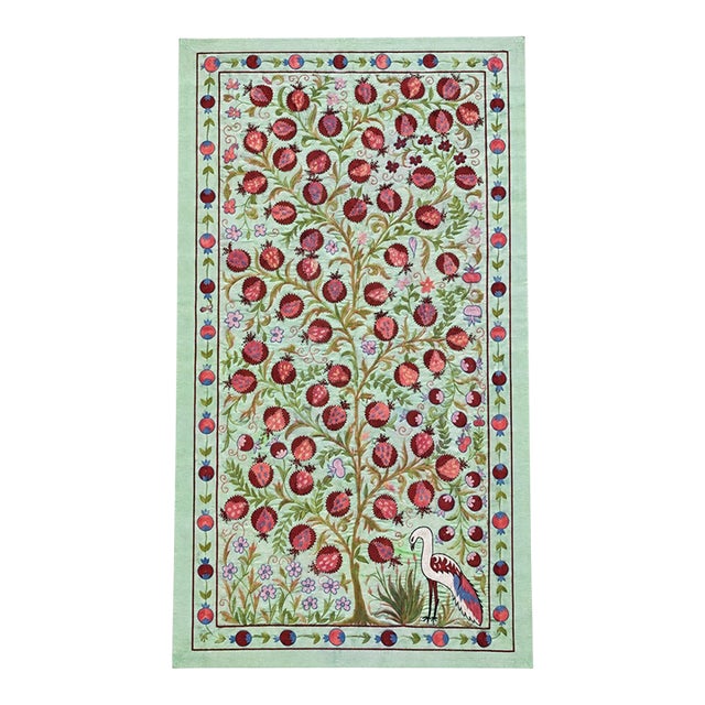 Green Silk Suzani Tapestry With Pomegranate Tree For Sale