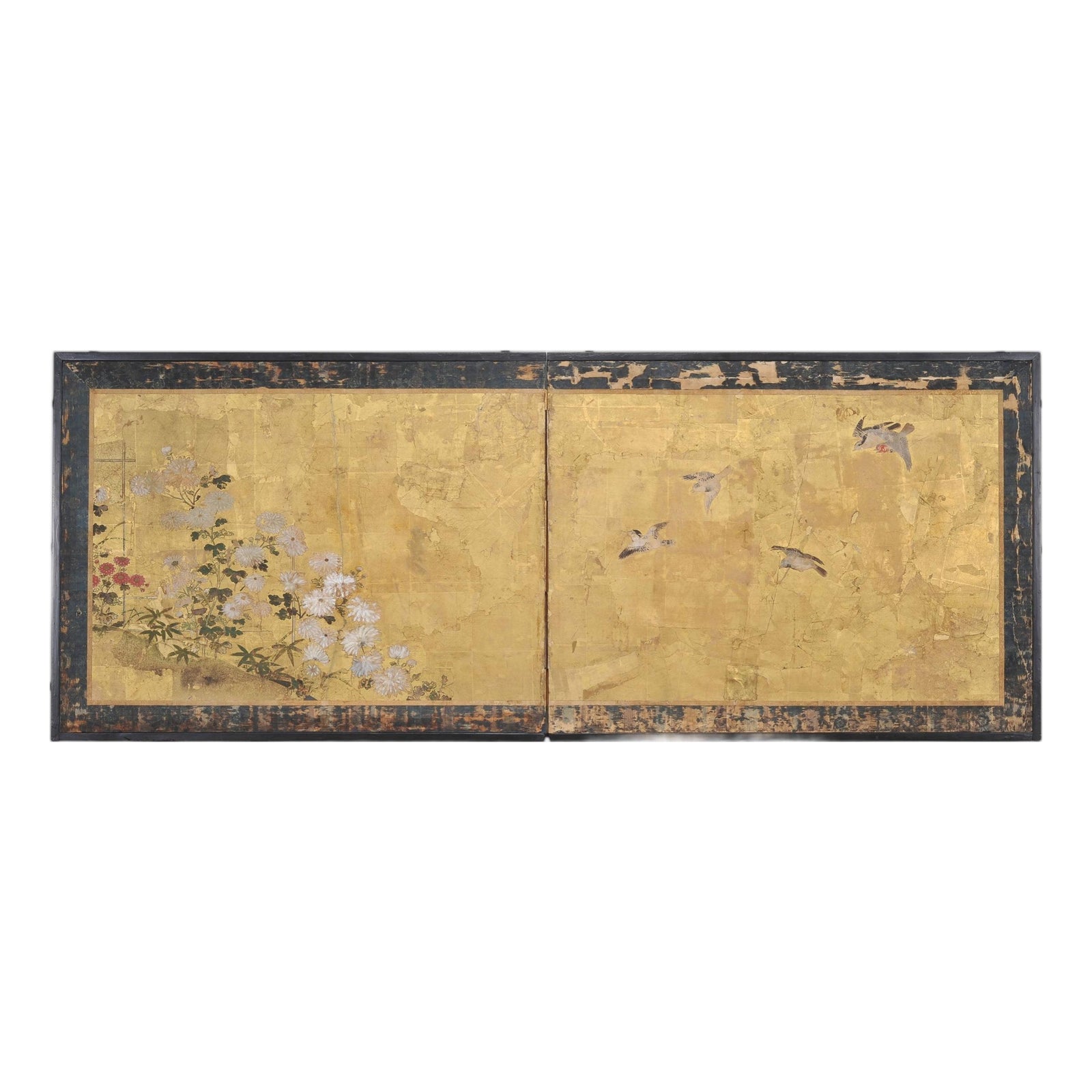 Japanese Edo Two-Panel Gilt Screen Birds Chrysanthemums 6 Ft | Chairish