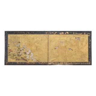 Japanese Edo Two-Panel Gilt Screen Birds Chrysanthemums 6 Ft For Sale