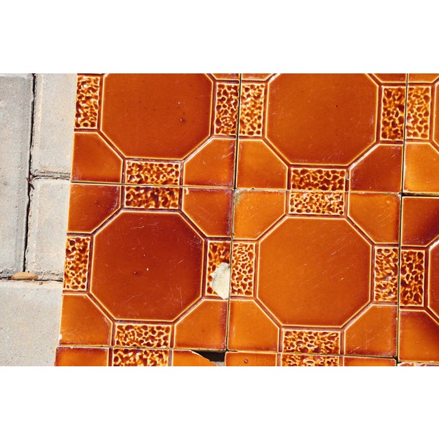 Ceramic 1910s Portuguese Art Deco Glazed Tiles Set of 30 Large Amber Brown Geometric Antique For Sale - Image 7 of 18