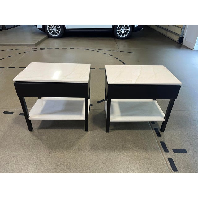 Custom Oak Espresso Nightstands With Limestone Top & Shelf – Modern Organic Bedside Tables For Sale In Chicago - Image 6 of 10