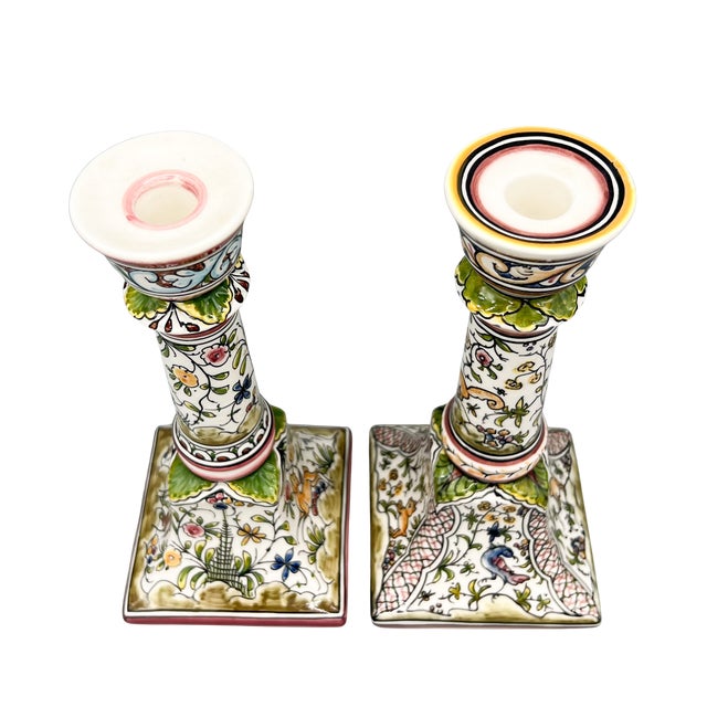 Pair of Hand-Painted Portuguese Faience Candlesticks by C. Melo With Birds, Dog, Castle & Deer – Folk Art / European Traditional For Sale - Image 15 of 18