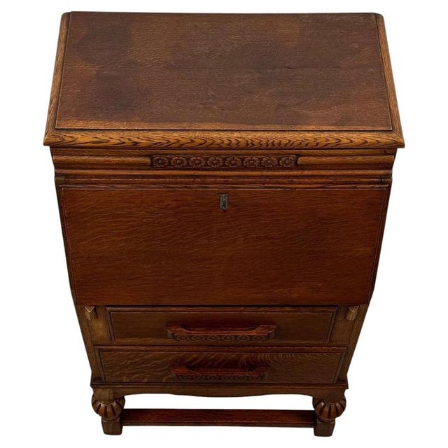 2000 - 2009 Antique English Golden Oak Secretaire with Mirrored Interior, 1900s For Sale - Image 5 of 14