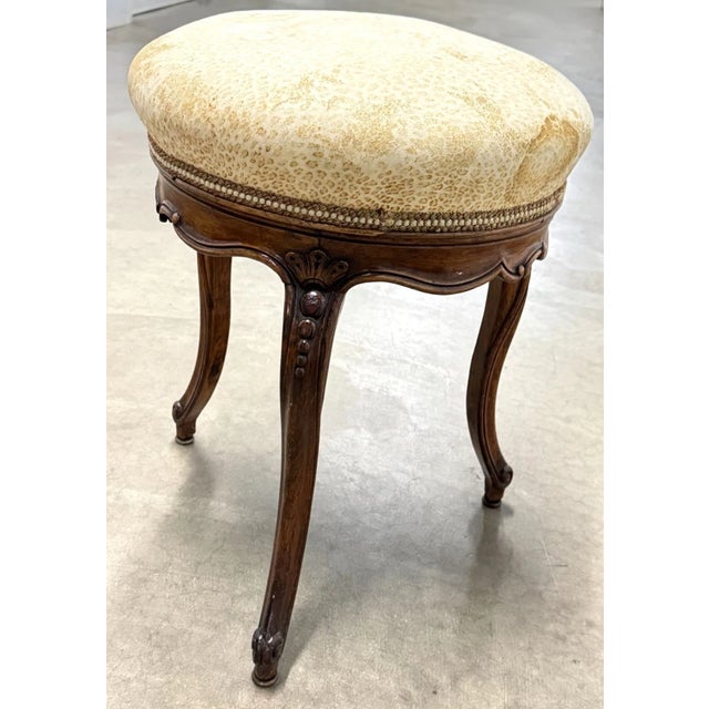 Antique French Carved Walnut Wood Tripod Foot Stool. Approximate Size 14.5" x 21"