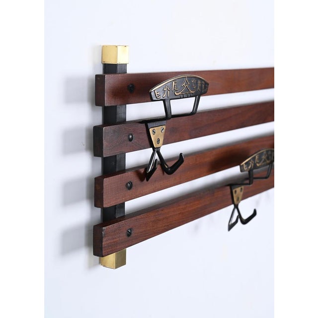 Italian Coat Rack in Teak, Brass and Black Enameled Iron, Italy, 1960s For Sale - Image 4 of 17