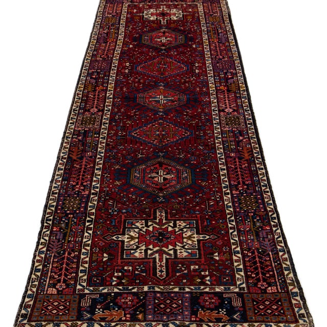 Persian 1960s Vintage Persian Heriz Handmade Navy Blue Medallion Wool Runner For Sale - Image 3 of 7