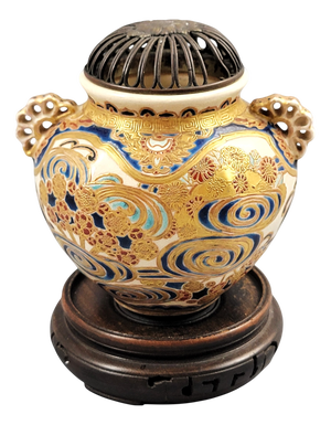 Meiji Satsuma Gosu-Blue Koro with Metal Cover by Kizan, 1880s