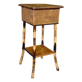 Late 19th Century Restored Scorched Bamboo Sewing Stand With Woven Rattan Top For Sale