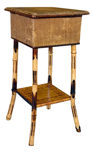 Late 19th Century Restored Scorched Bamboo Sewing Stand With Woven Rattan Top