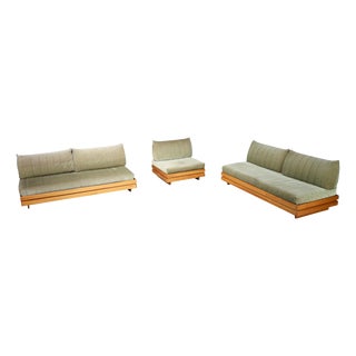 Vintage Lounge Chair and Two-Seater Sofas in Elm and Olive Green Upholstery from Maison Regain, 1970s, Set of 3 For Sale