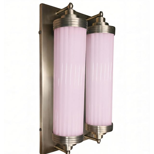 1940s Vintage Art Deco Light Old Lamp Wall Sconces Fixture Brass & Pink Glass Rod Ship Light - Pair For Sale - Image 5 of 5