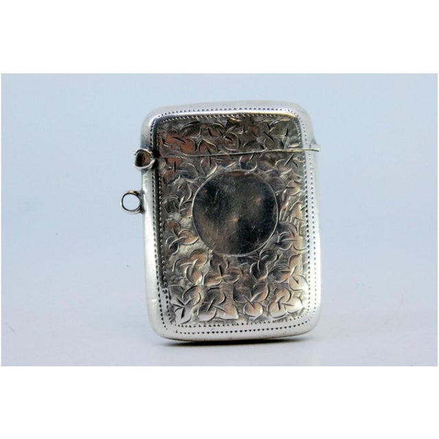Metal Silver Matchbox with Plant Motifs Surrounding Monogram Card and Hanging Ring For Sale - Image 7 of 8