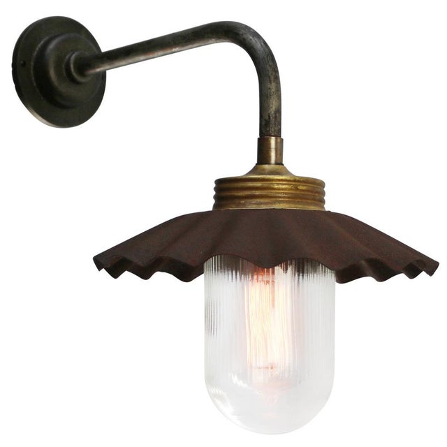 Rust Cast Iron Barn light Brass top with clear striped glass Diameter cast iron wall piece: 10.5 cm / 4 inches 2 holes to...