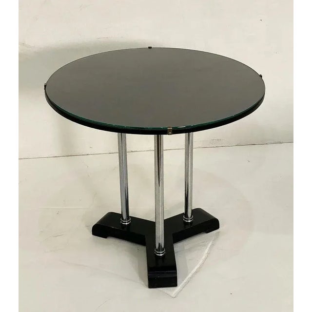 Art Deco English Art Deco Round Drinks Tripod Table of Chrome, Ebonized Wood, and Glass For Sale - Image 3 of 13