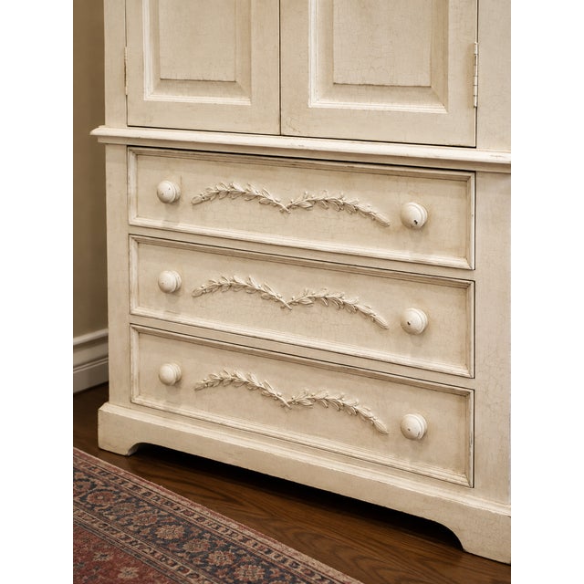 Vintage Distressed Solid Wood Armoire With Carved Laurel Details For Sale - Image 4 of 7