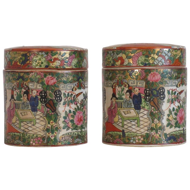 1930s Asian Cover Jars With People Motif - a Pair For Sale