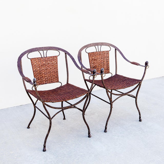 Vintage Iron and Leather Strap Horseshoe Back Curule Accent Chairs For Sale - Image 10 of 15