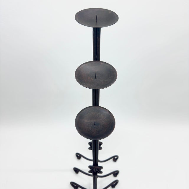 Hand Forged Iron Candelabra Set of 3 (78-98cm) Antique Copper Double Stem with Hercules Knot Detail For Sale - Image 6 of 9