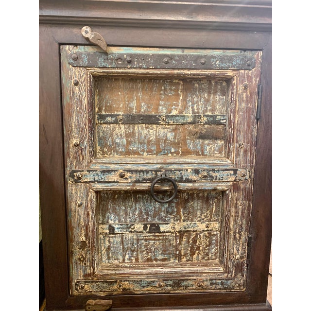 Farmhouse 1980s Distressed Antique Door Repurposed Rustic Solid Wood Nightstand Cabinet For Sale - Image 3 of 4
