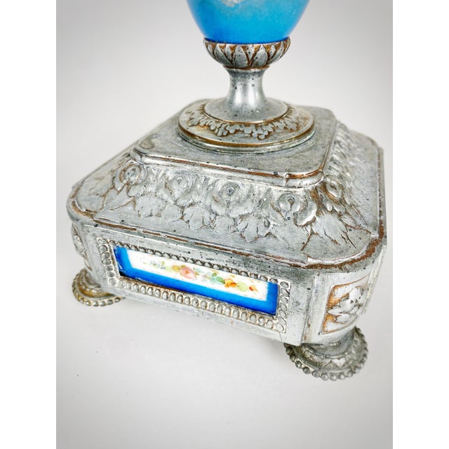Pair of Antique Signed p.h. Mourey French Victorian Silvered Metal & Sèvres Style Porcelain Three-Light Candelabras For Sale In Atlanta - Image 6 of 12