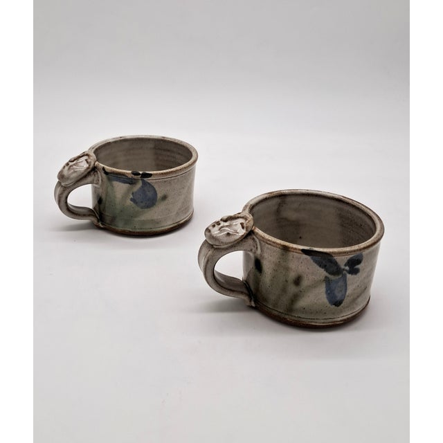 Ceramic 1990s Studio Pottery Face Artisan Mugs With Wabi-Sabi Glaze Signed - a Pair For Sale - Image 7 of 12