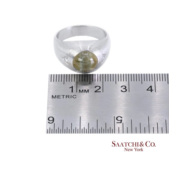 Platinum 950 Natural Chrysoberyl Cat's Eye and Natural Diamond Ring, Size 9.75 For Sale - Image 11 of 11