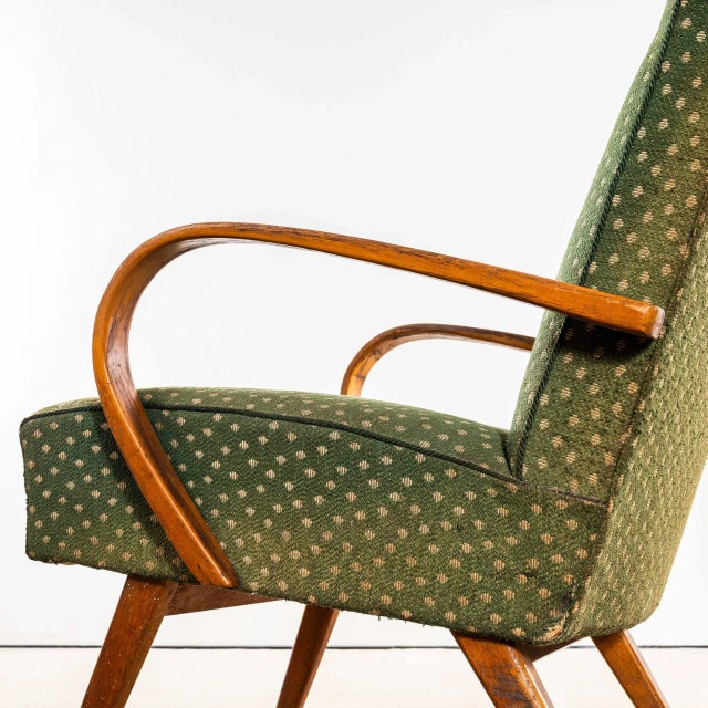 : 1950’s Jaroslav Šmídek Original Armchairs In Chevron Slub Jacquard – Sprung Seat. Sourced direct in the Czech republic...