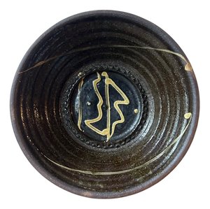 Large Studio Pottery Brown Glazed Bowl with Yellow Slip and Ribbed Decoration, 1970s