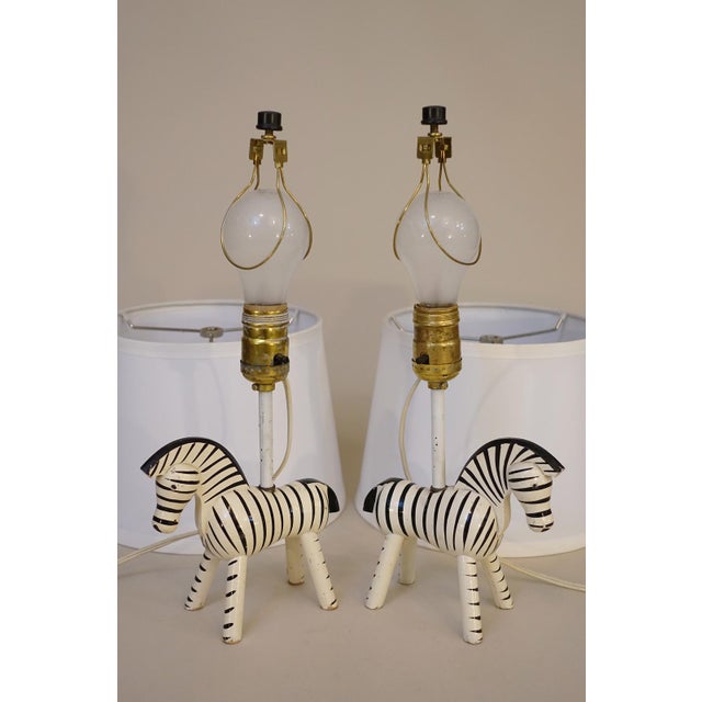 Wood 1950s Rare Matched Pair Kay Bojesen Denmark Hand Painted Danish Modern Wood Zebra Table Lamps Monkey For Sale - Image 7 of 9