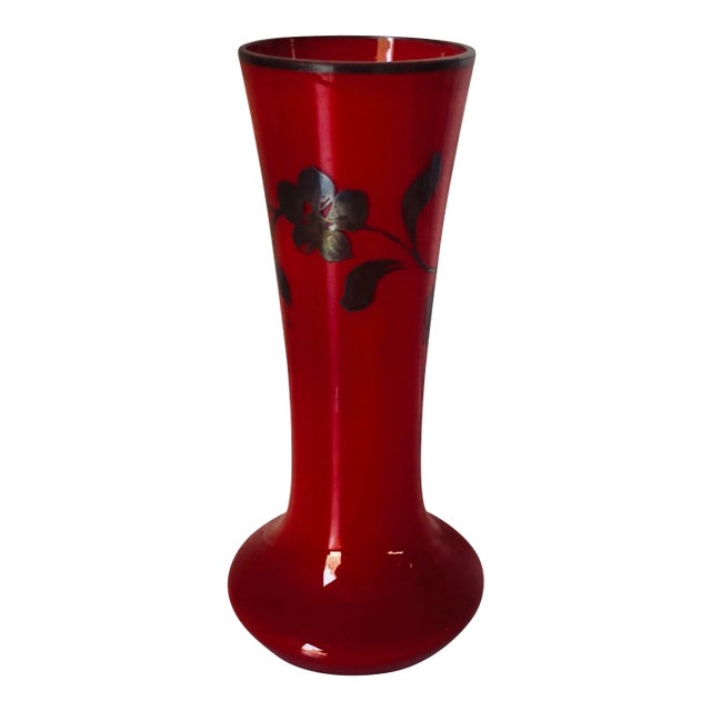 Vintage Red Glass,Silver Overlay Floral Design Vase For Sale