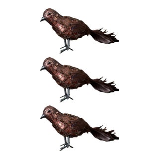 Oversized Large Bronze Sequin and Feather Bird Christmas Decorations - Set of 3 For Sale