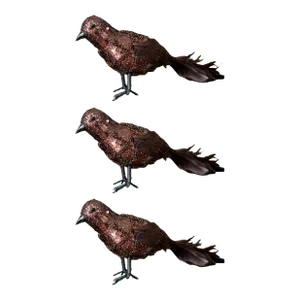 Oversized Large Bronze Sequin and Feather Bird Christmas Decorations - Set of 3