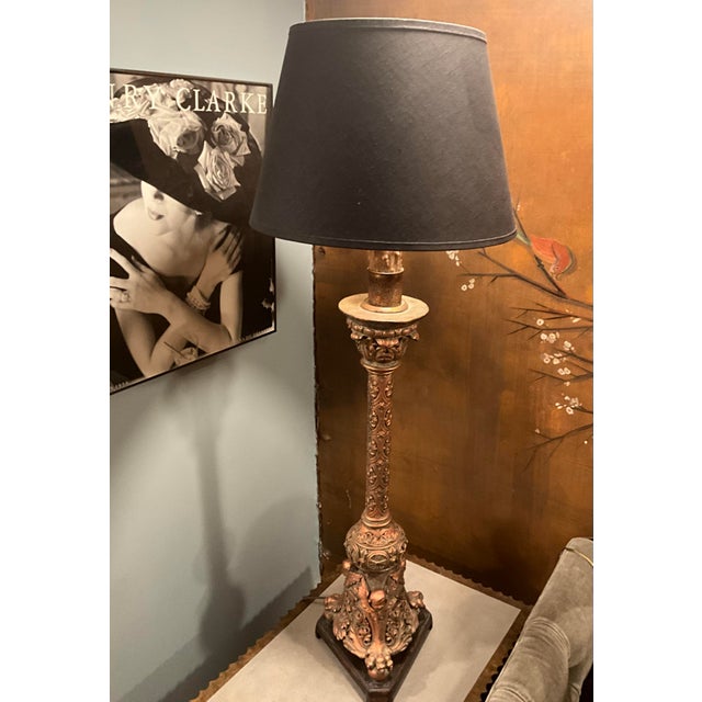 Copper A Spanish Moorish Baroque-Style Table Lamp Electrified With Linen Shade For Sale - Image 8 of 10