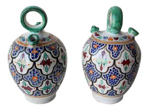 Moorish Ceramic Glazed Water Jug Handcrafted in Fez Morocco - a Pair