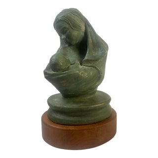 Ollie Fisher Antique Sculpture Bust of Woman and Child in Green and Gold Tones on Wood Block, Artist Signed 1901 For Sale