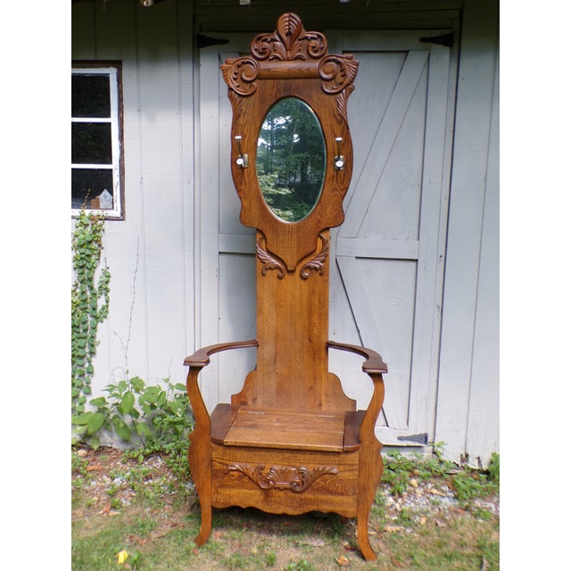 Wood Antique Arts & Crafts Solid Oak Hall Tree Entry Bench Beveled Mirror Coat Rack For Sale - Image 7 of 14