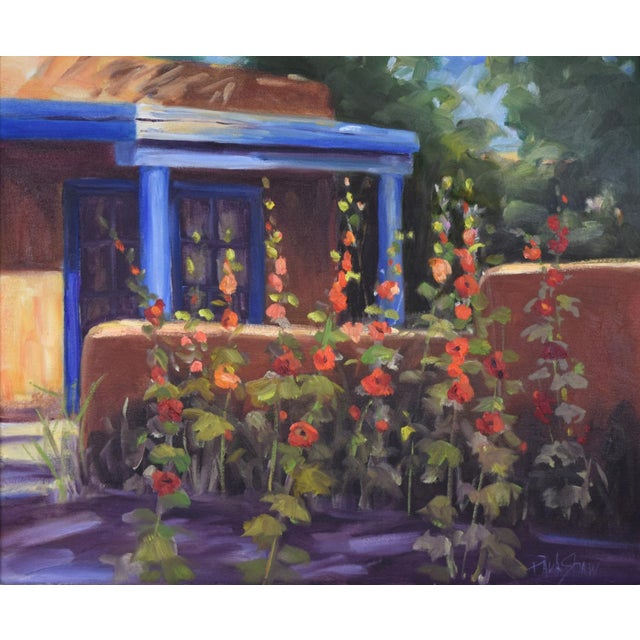 Mission Vintage Southwestern Painting Taos New Mexico Adobe Home With Flowers For Sale - Image 3 of 7