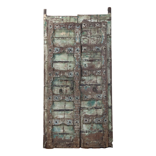 Antique Indian Painted Teakwood Gujarati Door For Sale