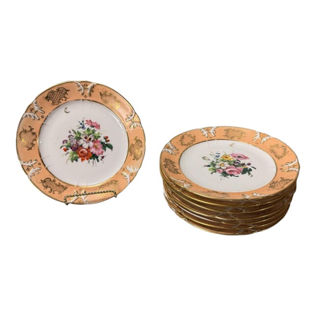 Antique Victorian Old Paris Porcelain Floral & Gilt Decorated Plates- Set of 8 For Sale