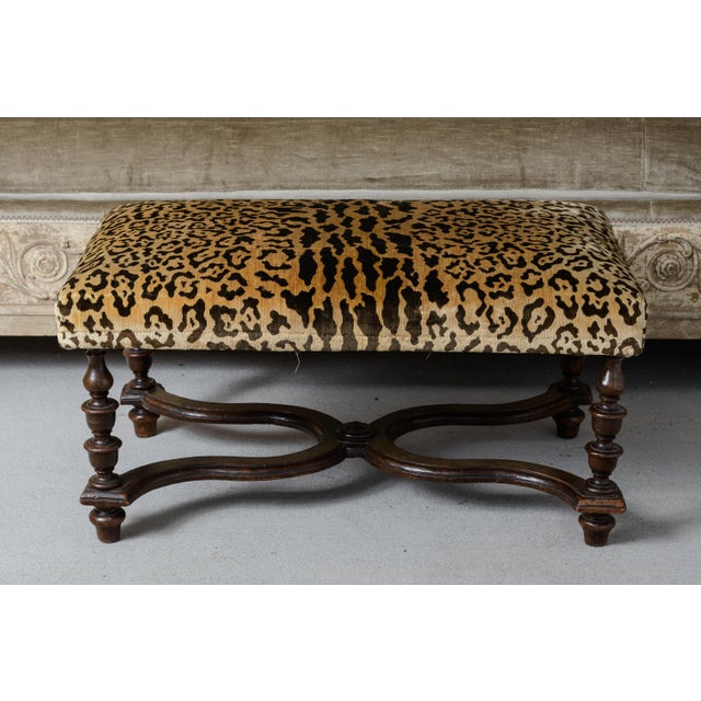 Just in this wonderful French Louis XIII Style Turned Wood Ottoman, Animal Print Velvet. The bench is late 19Th. century,...