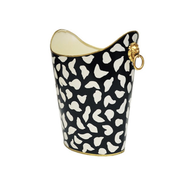 New special order item. Not vintage. Hand painted tole metal oval wastebasket with cream leopard design over black...