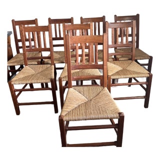 1990s Eight Charles Shackleton Hand-Hewn American Cherry Cottage Dining Chairs With Rush Seats For Sale