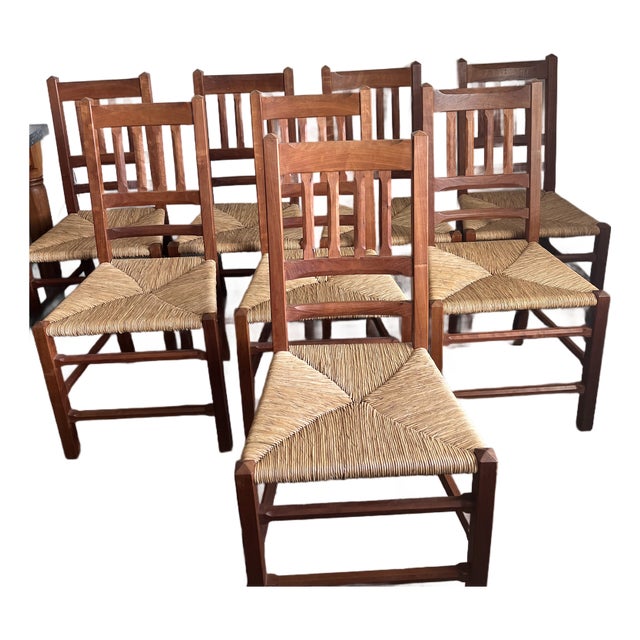 1990s Eight Charles Shackleton Hand-Hewn American Cherry Cottage Dining Chairs With Rush Seats For Sale