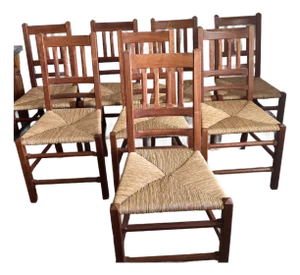 1990s Eight Charles Shackleton Hand-Hewn American Cherry Cottage Dining Chairs With Rush Seats