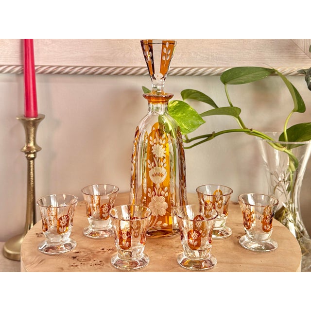 Glass Vintage Art Deco Amber Cut Floral Etched Crystal Decanter Set With 6 Glasses - 7 pcs For Sale - Image 7 of 12