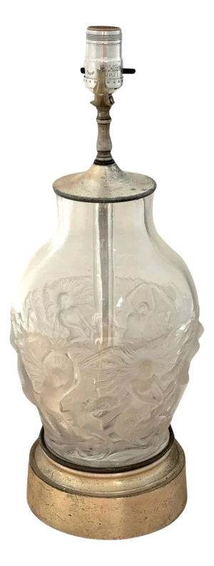 French Art Deco Crystal Lamp 'Mermaids & Dolphin's' by Verlys Glass