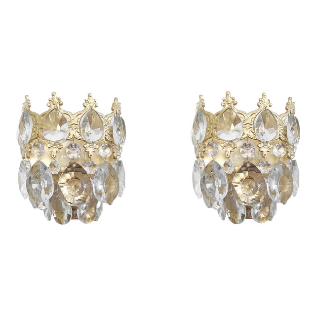 Vintage Crystal Wall Sconces Pair For Sale