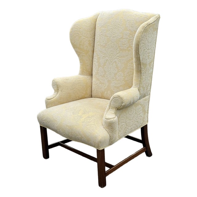 Late 20th Century Damask Upholstered Wingback Chair For Sale
