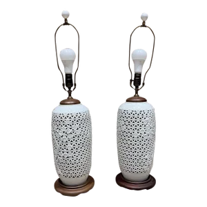 1950s Blanc De Chine Chinese Vase Lamps Reticulated Porcelain