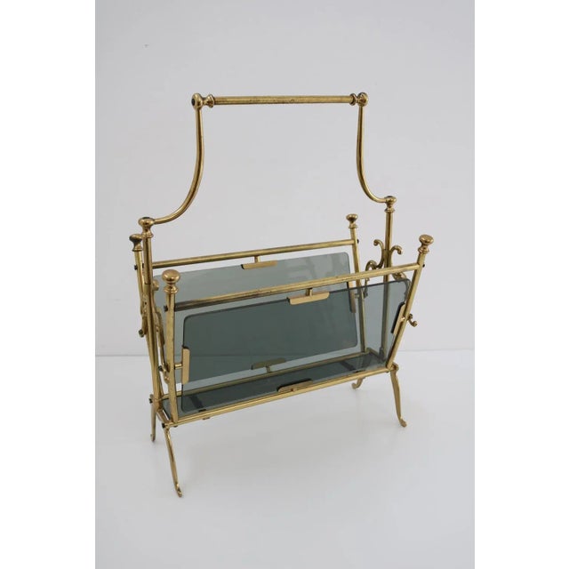Hollywood Regency Italian Hollywood Regency Brass & Smoked Glass Magazine Rack, 1950s For Sale - Image 3 of 7